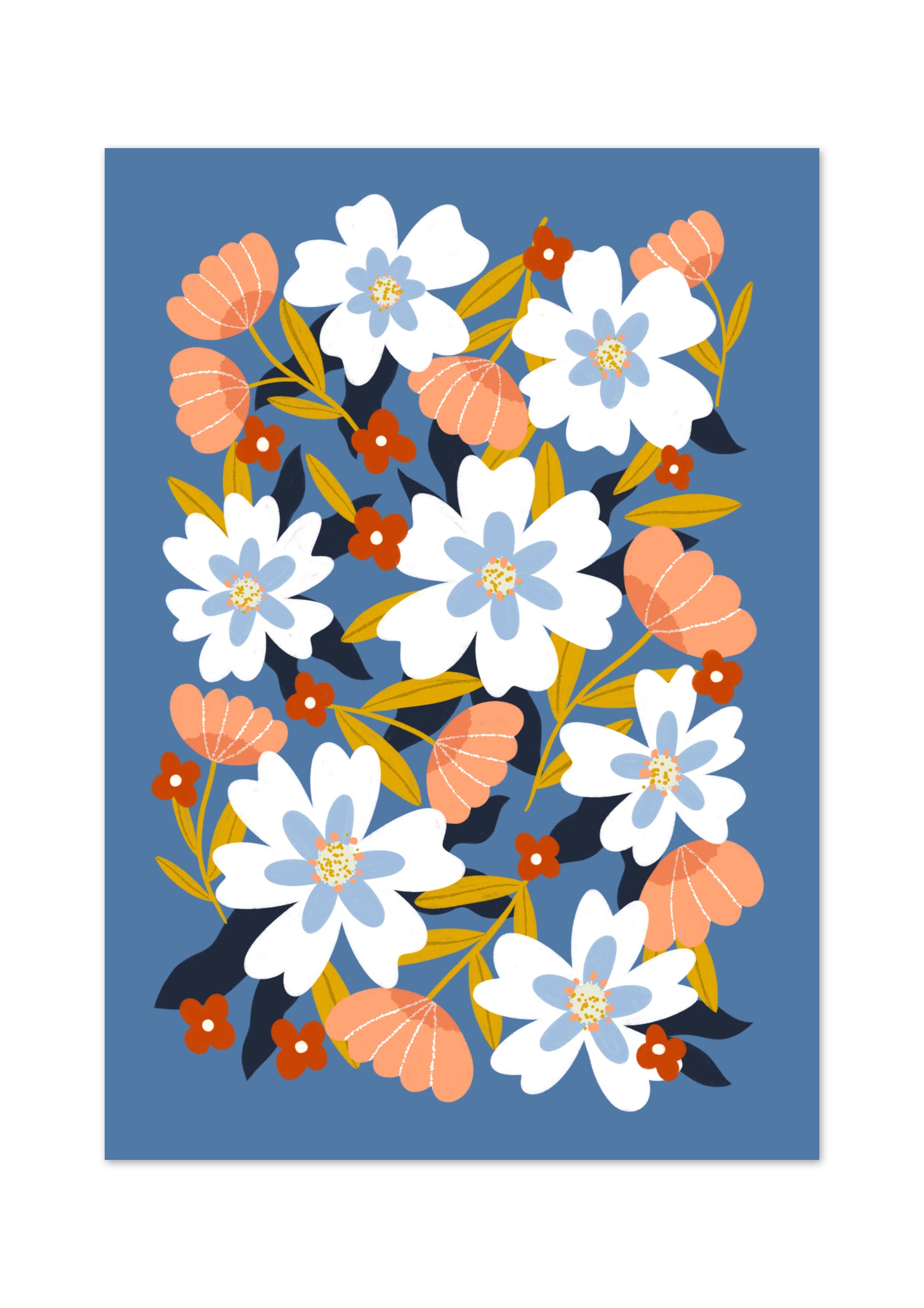 Illustrated print blue flower wall art 