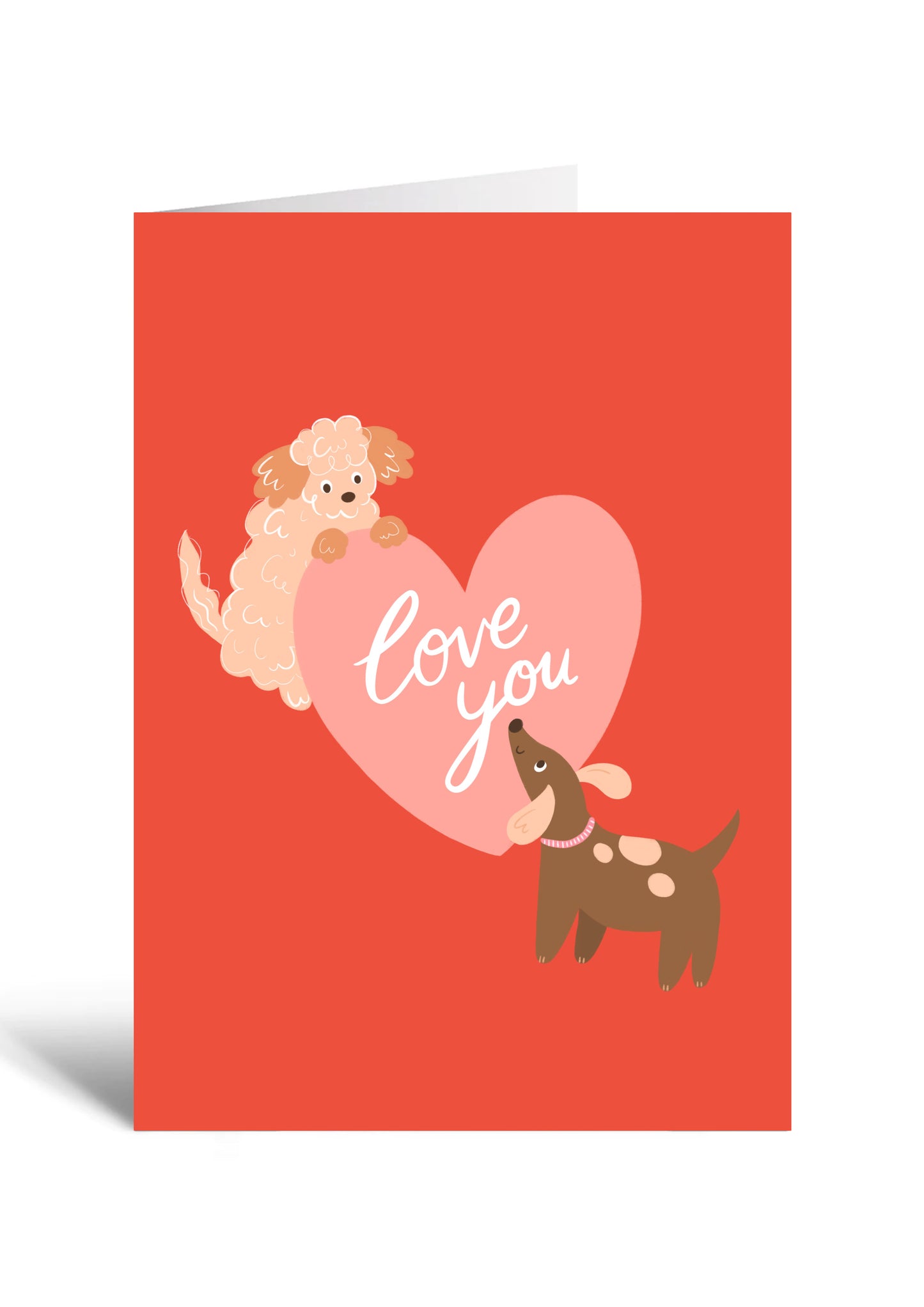 Bright red card featuring playful dogs.